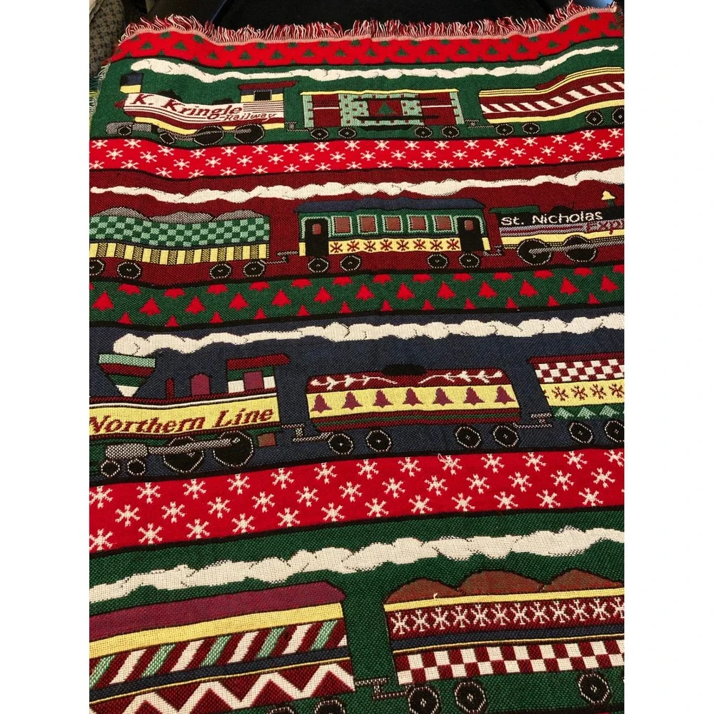 Christmas Holiday Woven Throw Blanket Santa Trains Kringle Railway Decor